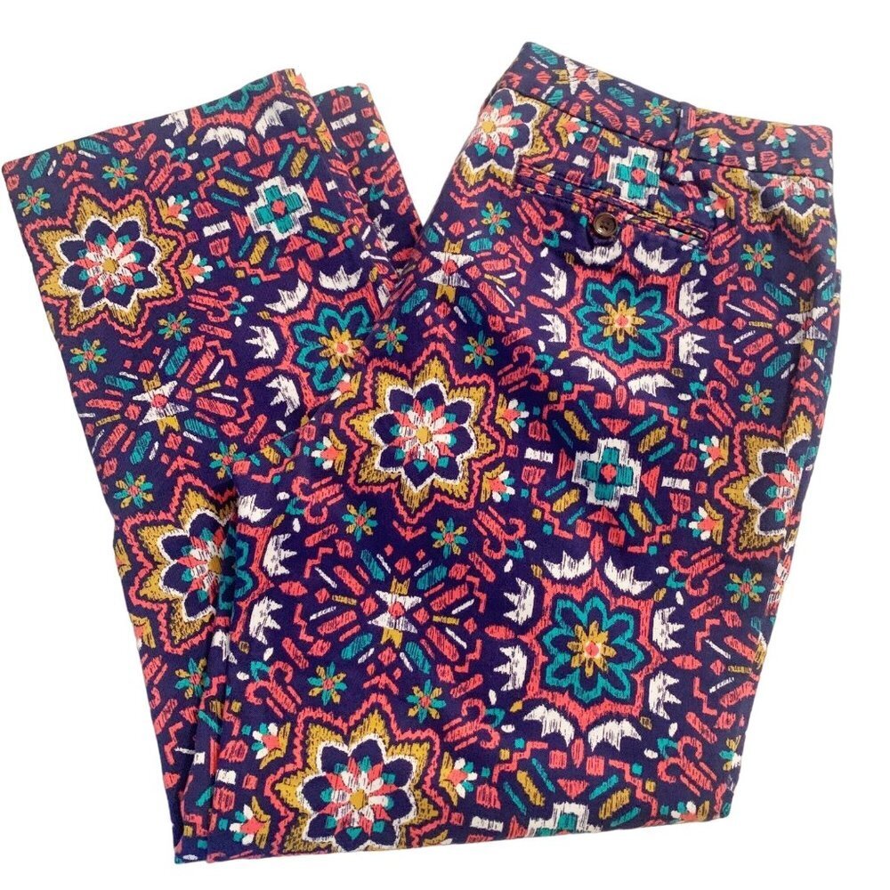 Lands End Chino Pants Mid-Rise Straight Leg Colorful Aztec Tile Print Size 8 New